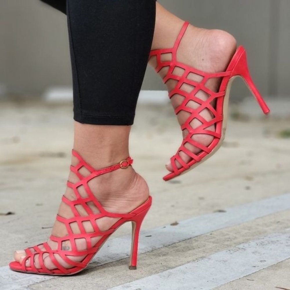 Women's Slingback Stiletto Sandal Peep Toe Hollow Red Color - Picture 3 of 5